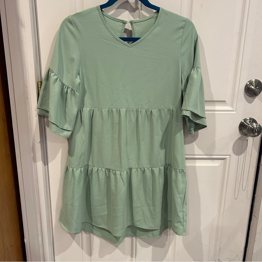 Elegant Mint Green Ruffle Sleeve Mini Dress